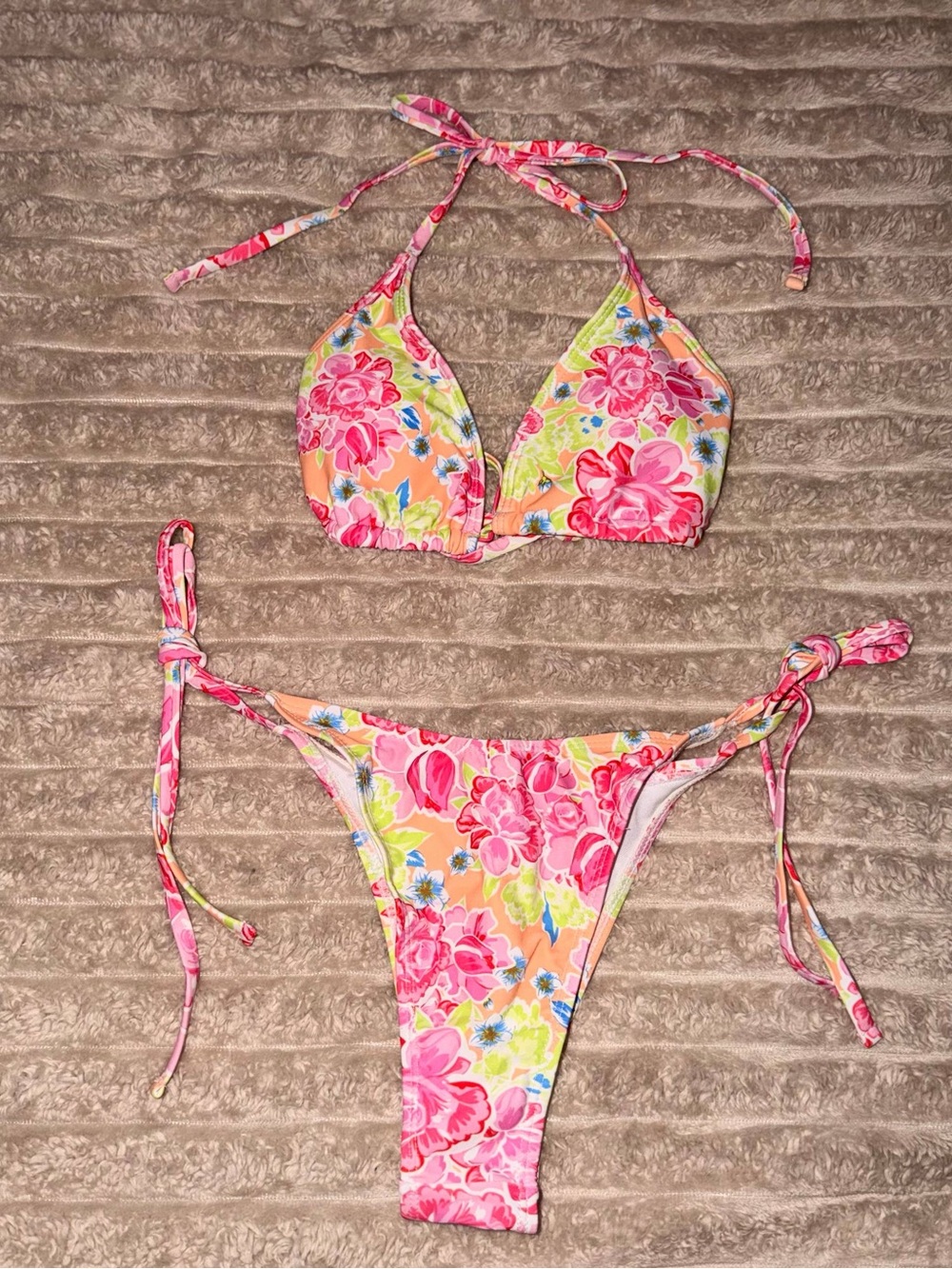 Floral Tie-Side Bikini Set in Pink and Peach